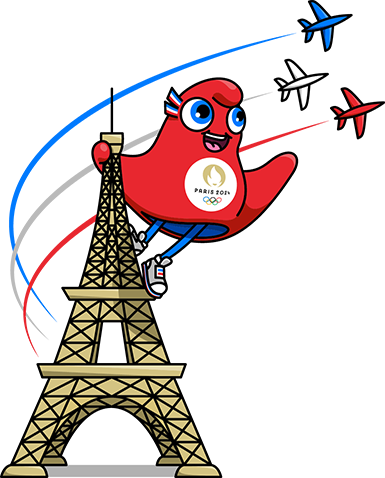 olympic mascot on eiffel tower with planes