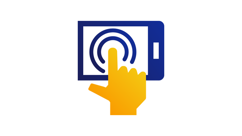 A hand with its pointer finger pressing down on the screen of a mobile device. A hand with its pointer finger pressing down on the screen of a mobile device.