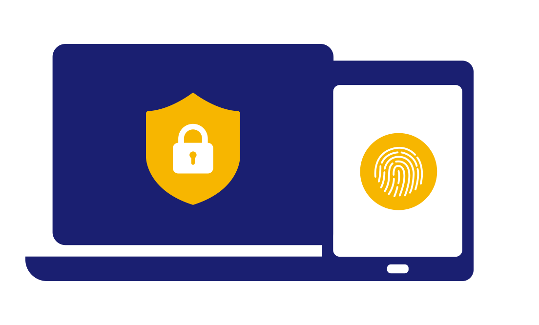 Laptop displaying secure padlock and tablet displaying fingerprint. Laptop displaying secure padlock and tablet displaying fingerprint.